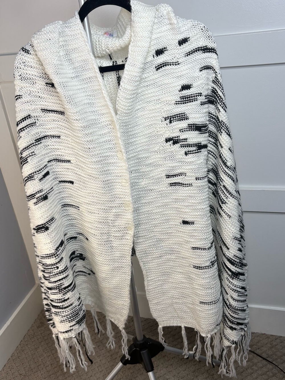 LulaRoe Fringe Cardigan O/S Black White Boho Oversized Sweater Duster